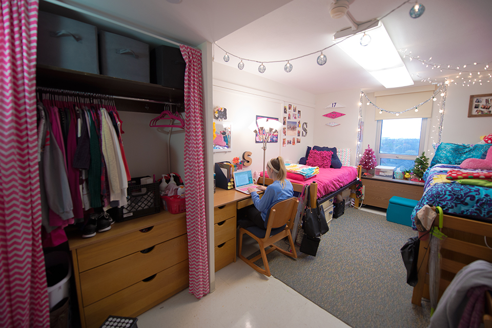 Standard double room in Hewett Hall facing window.