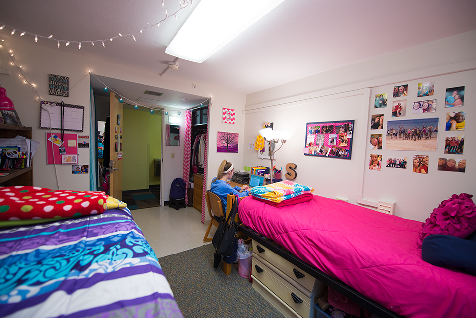 Standard double room in Hewett Hall facing entry.