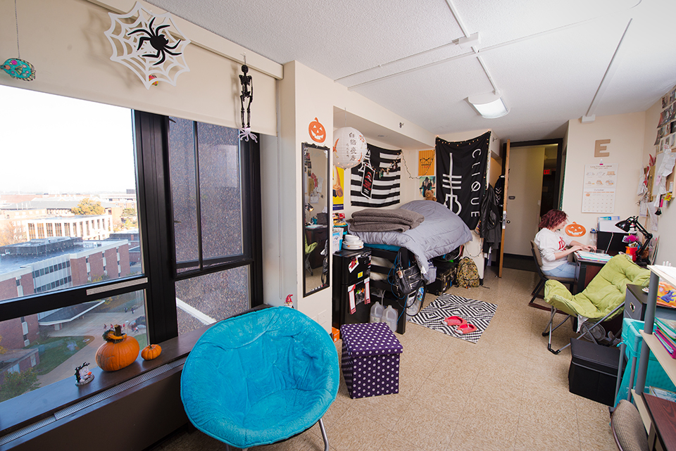 Double room with both beds junior lofted facing entry.