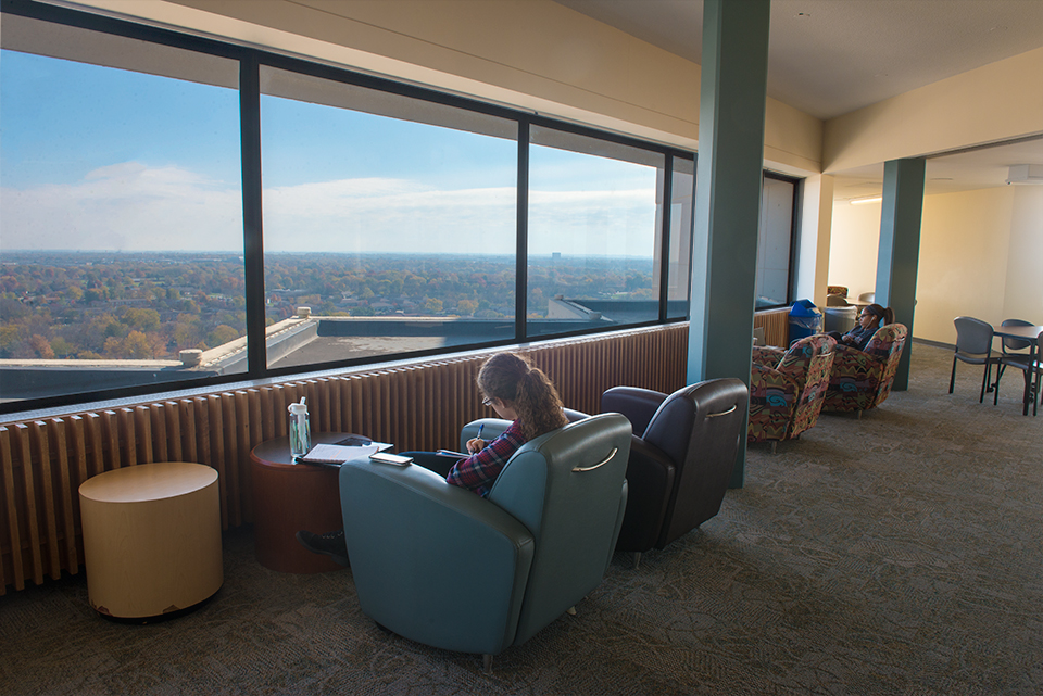 Lounge and study area on top floor of Watterson Towers, looking west over Bloomington-Normal.