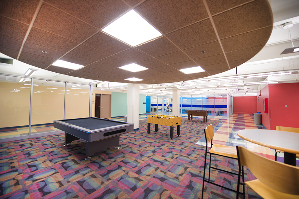 Lounge and fitness room in basement of Haynie Hall.