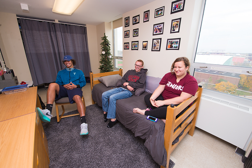 Single room in Wilkins Hall overlooking the Redbird Athletic Complex (east).