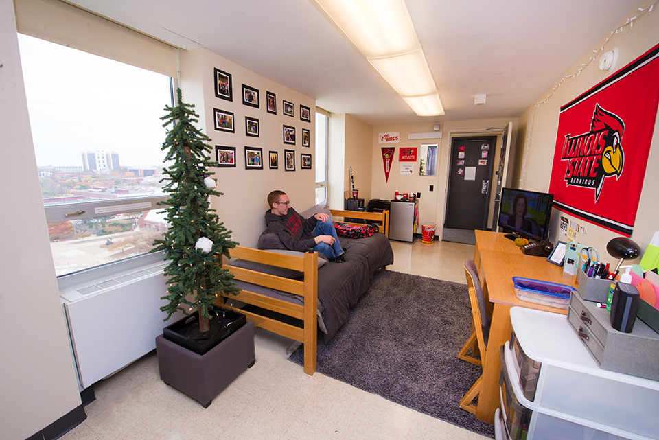 Single room in Wilkins Hall facing entry and overlooking Quad (east).
